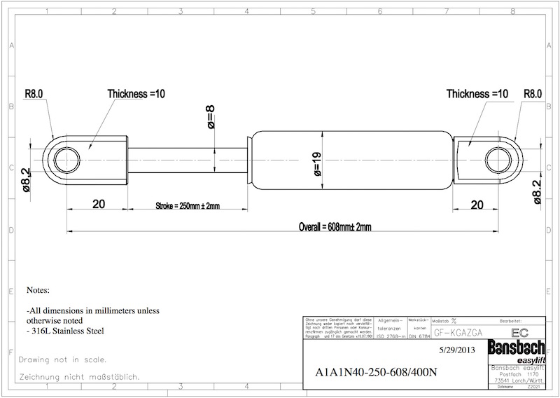  Amel Super Maramu 2000 Gas Struts specifications for Engine Room Hatch 